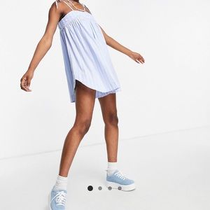 ASOS DESIGN tie shoulder seersucker swing romper in blue white strips